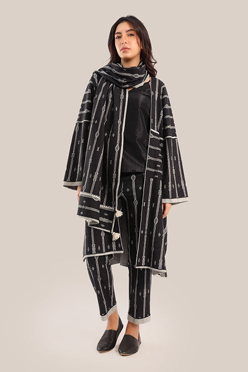 Embroidered striped shawl with tassels
